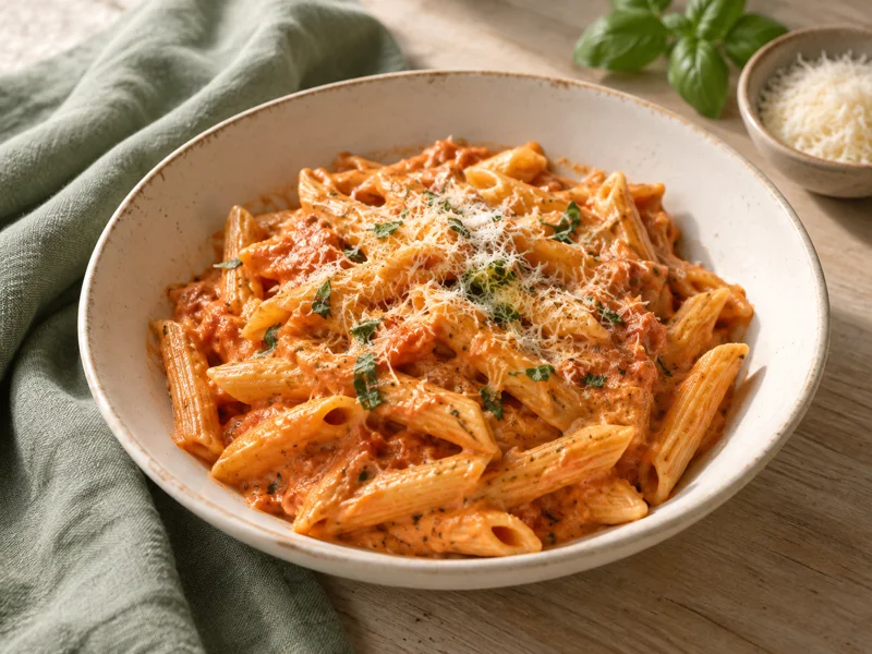 A bowl of creamy tomato pasta